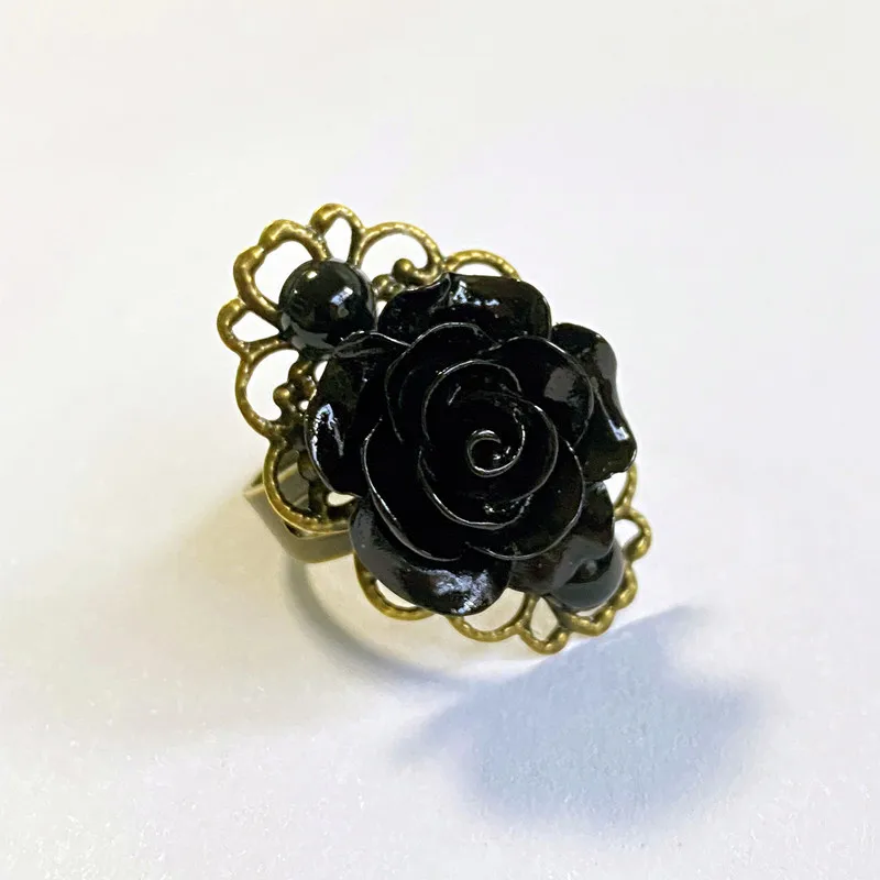 Gothic Style Adjustable Black Red Rose Flower Antique Bronze Rings for Women National Vintage Party Wedding Jewelry Accessories finger ring wedding rings jewelry accessories adjustable rings wedding ring
