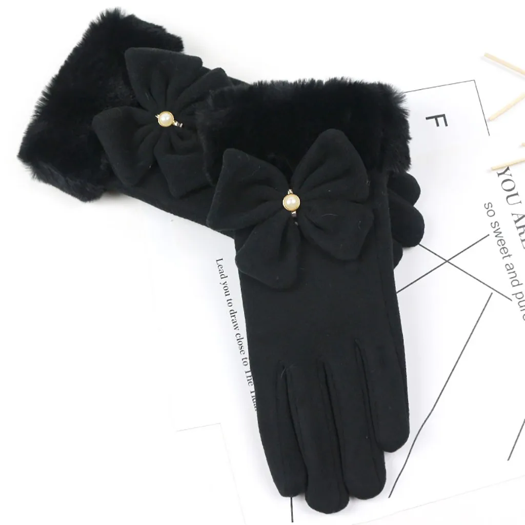 Feitong/женские перчатки из искусственного меха, украшенные бантом, зимние Нескользящие эластичные манжеты, мягкие льняные перчатки