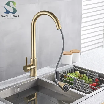 

Brushed Gold Kitchen Fauce Pull-out Type Hot and Cold Faucet Single Hole Single Handle Faucet Install Faucet on Kitchen Deck