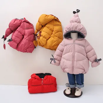 

Bowknot Girl Winter Coat Long Sleeve Cotton Hooded Coat Outdoors Windproof Thick Girls Hoodies Casual Jacket Winterjas Meisje