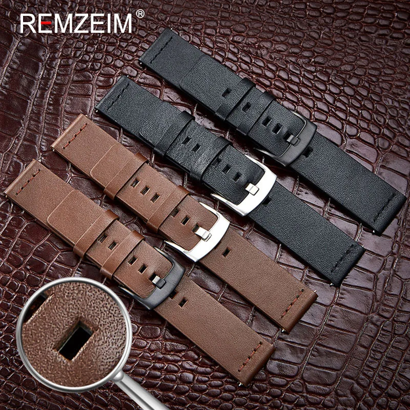 Кожаный ремешок REMZEIM 18 мм 20 22 24 для часов Amazfit Huawei GT Galaxy Watch 42 46 Gear S3 Quick Release|Ремешки