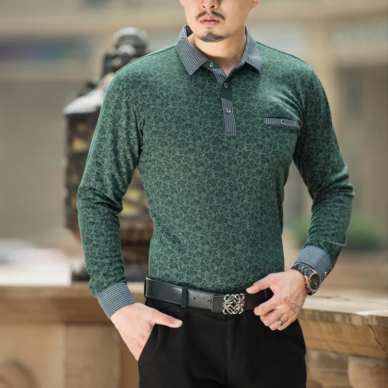 

New new Spring autumn polo homme Men's long sleeve Polo shirts collar middle-aged men casual printed cotton full shirts