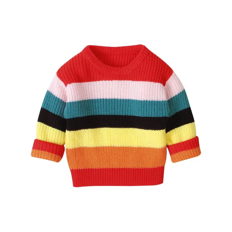 Новая осенне-зимняя теплая одежда для маленьких девочек, Повседневный свитер, хлопковая трикотажная верхняя одежда в радужную полоску для малышей - Цвет: Многоцветный