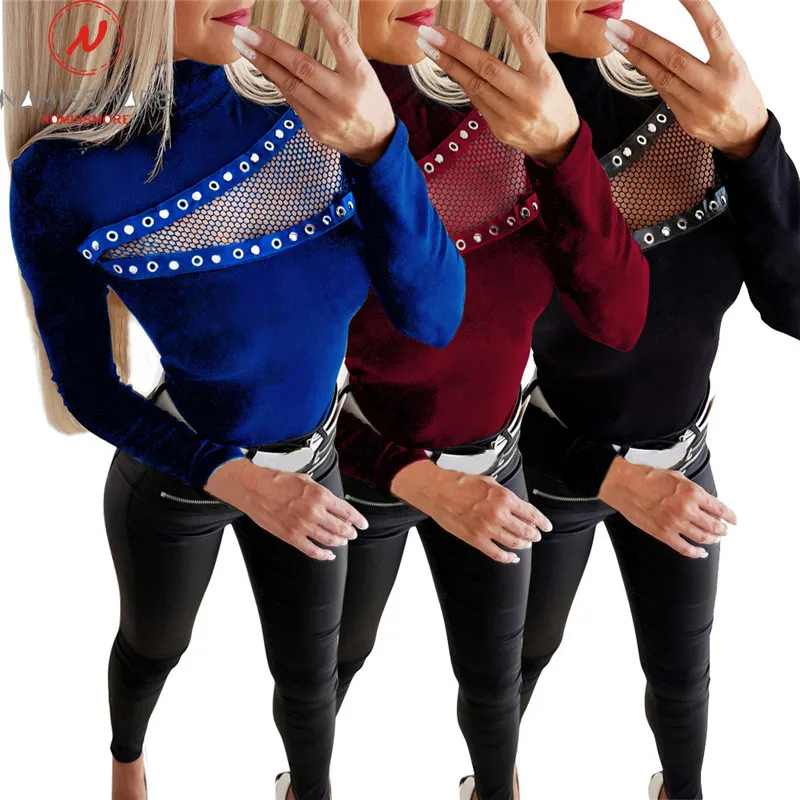Elegant Lady Sweaters Corn Eye Patchwork Design Lace Decor See Through High Collar Long Sleeve Solid Slim Streetwear Shirts