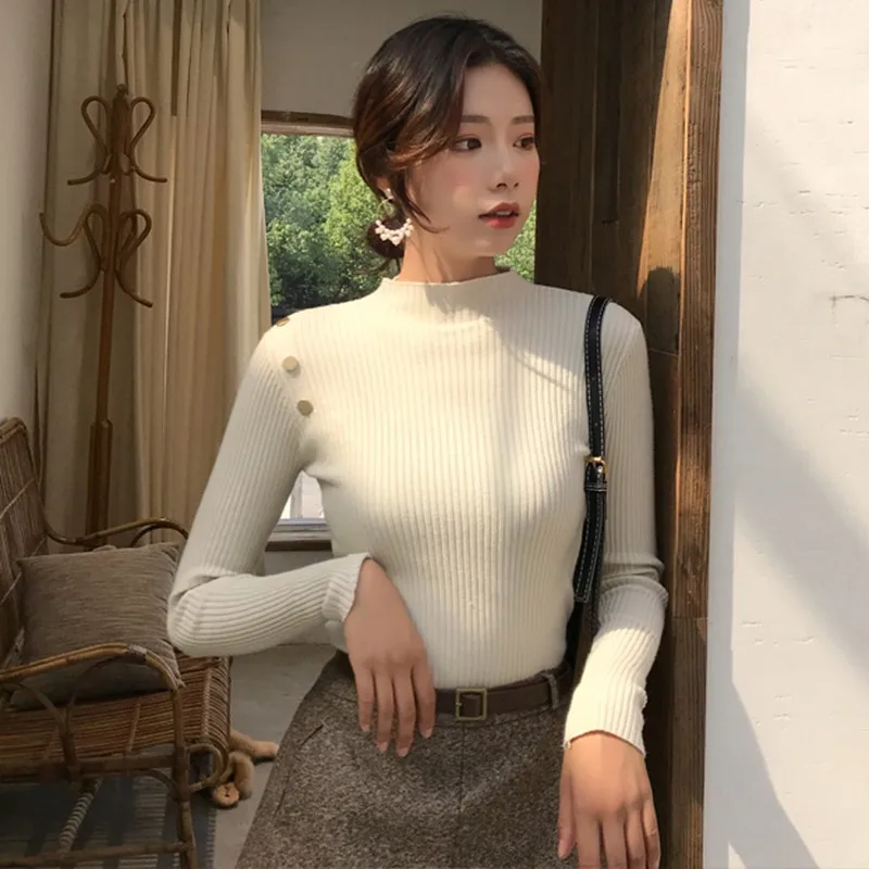 Black sweater Women Autumn Winter New Button Slim Turtleneck Sweater Female Simple All-match Solid Color Knit Pullover Sweaters