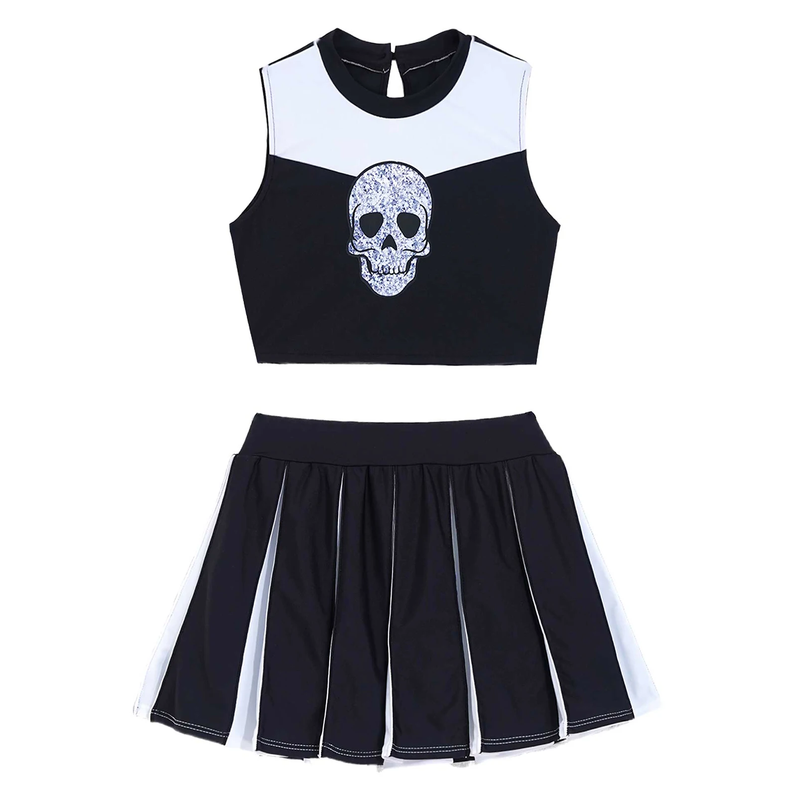 

Kids Girls Halloween Cosume Cosplay Carnival Party Dress Up Jazz Dance Wear Crop Top With Pleated Skirt Set Cheerleader Uniform