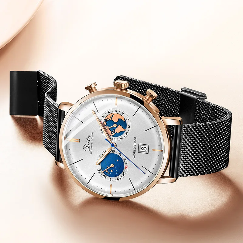 Dita брендовые бизнес мужские часы кварцевые часы кожаный ремешок двойной дисплей часы Relogio Masculino - Цвет: Black-White