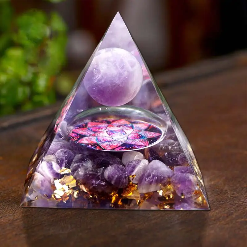 Pirámide de orgonita hecha a mano, esfera de Cristal de amatista de 60mm con piedra de Cristal Natural de amatista, orgona curativa de energía