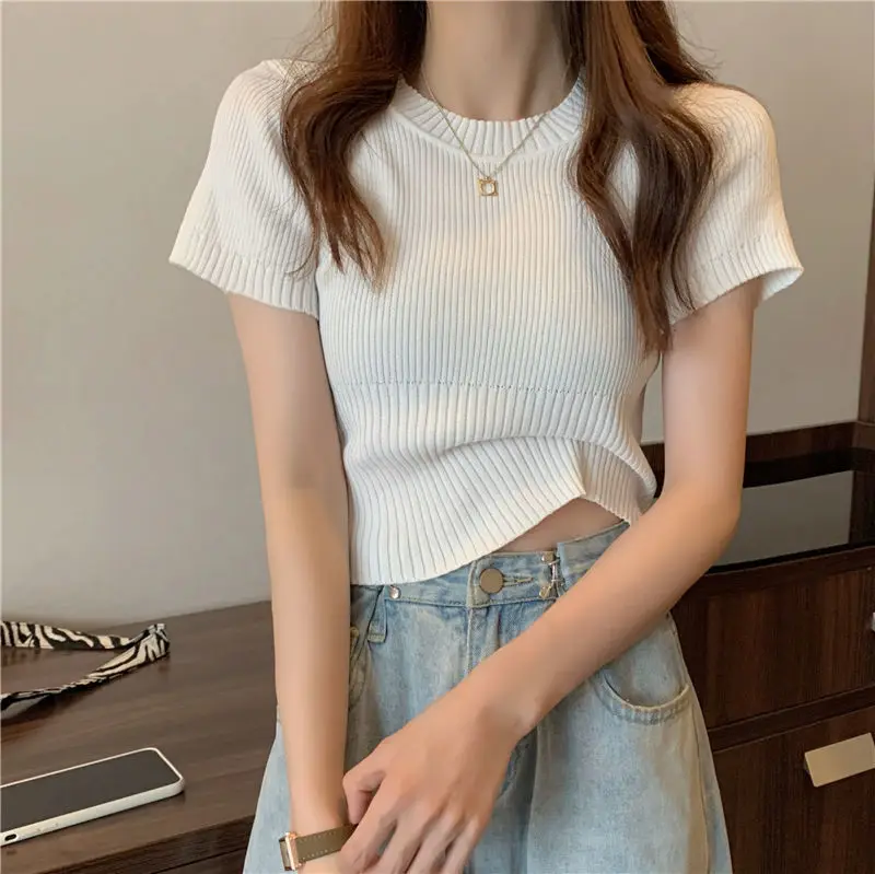 Summer Slim Thin Round Neck Solid Color Knitted Short-sleeved Pullover T-shirt Spring And Autumn New Fashion Bottoming Top
