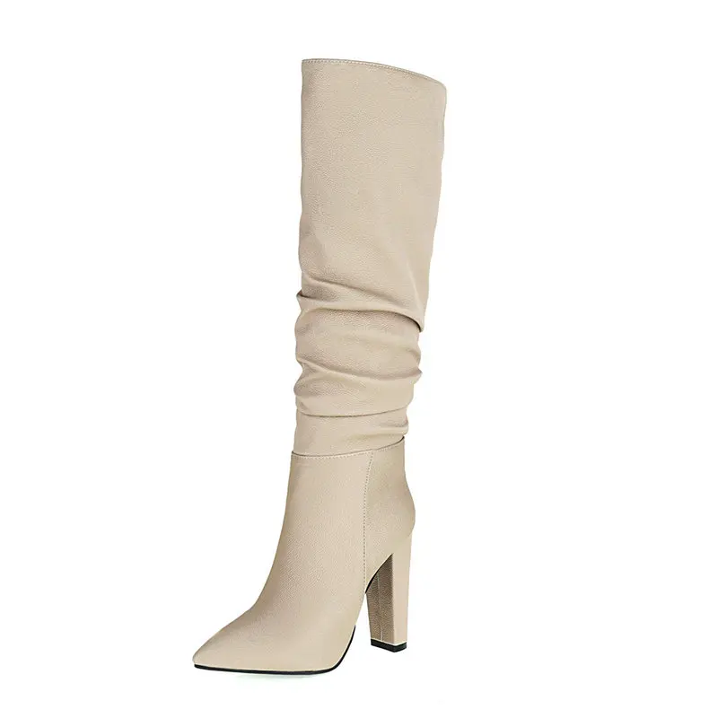 Knee High Bershka Bottes Beige Fashion Pleated Beige Heel Boots