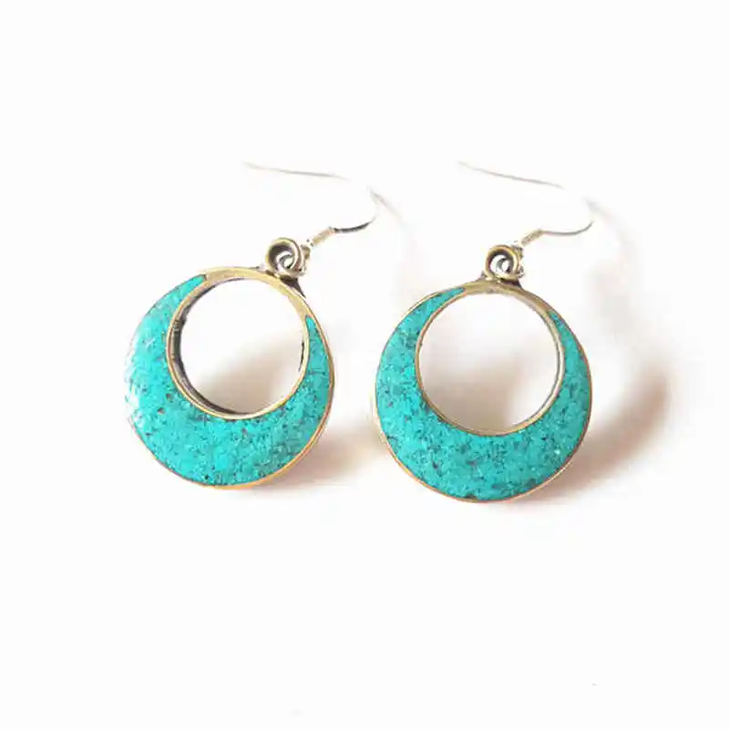 A. Turquoise color E128 этнические Винтажные серьги круглые очаровательные серьги Непальские милые лунные серьги - Окраска металла: A. Turquoise color