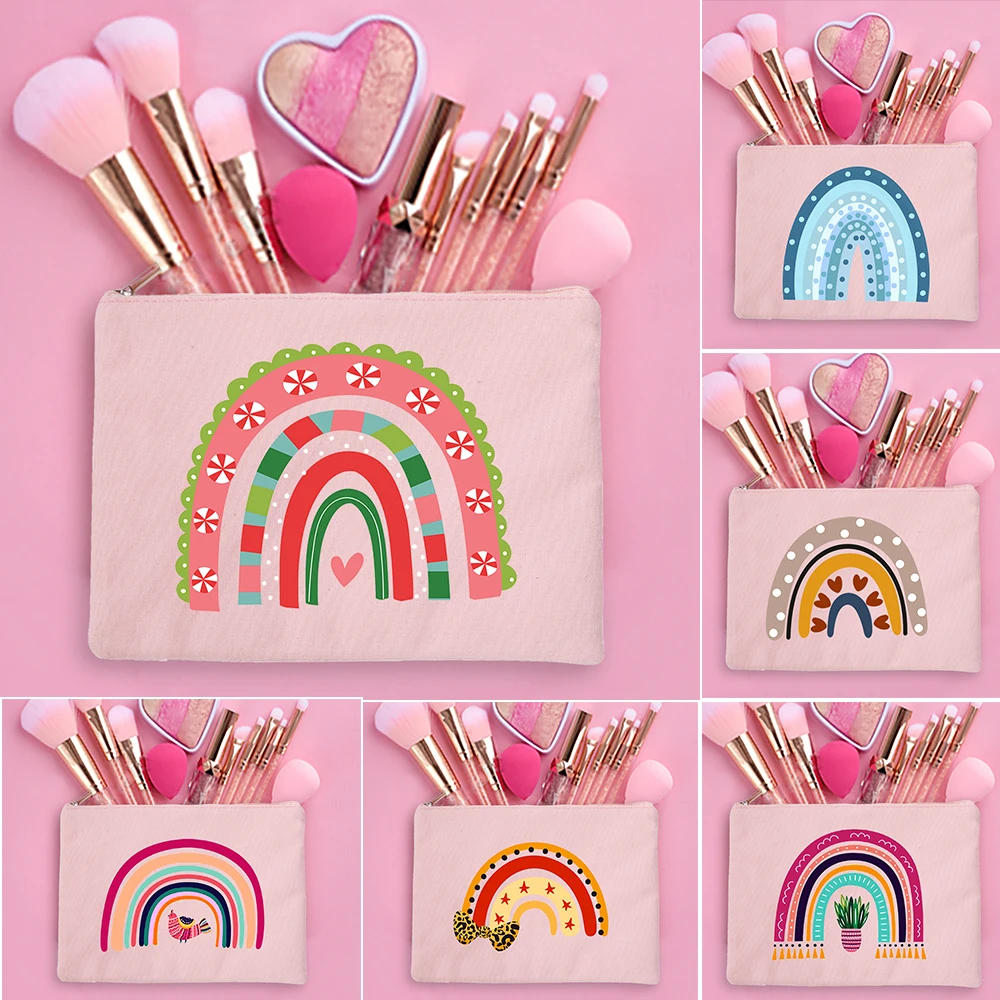 

Rainbow Printed Women Canvas Cosmetic Cases Bags Fashion Casual Zipper Makeup Pouch Purse Handbag Travel Lipstick Organizer Gift