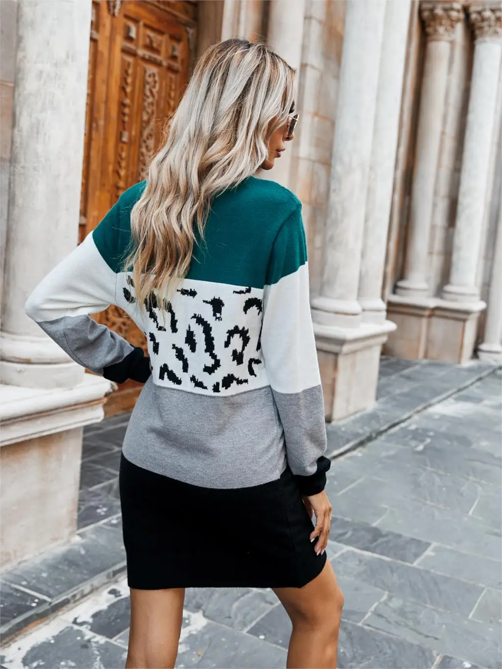 Chifirena Vintage Leopard Patchwork Sweater Dress Women O Neck Long Sleeve Winter Casual Robe Female Elegant Minie Vestidos