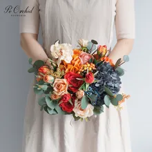 PEORCHID оранжевый красный букет De La Marie Свадебный букет розы гортензии шелковые цветы невесты искусственный свадебный букет эвкалипта