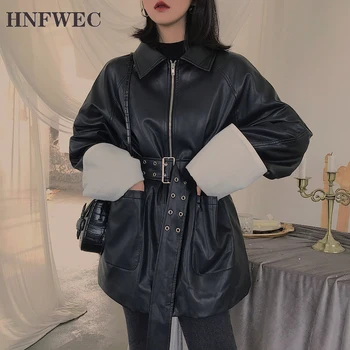 

Splice Solid Color Belt Suit Collar Coat 2020 Spring New Fashion Slim Thin Vintage Loose Pu Leather Coat Felame Y845