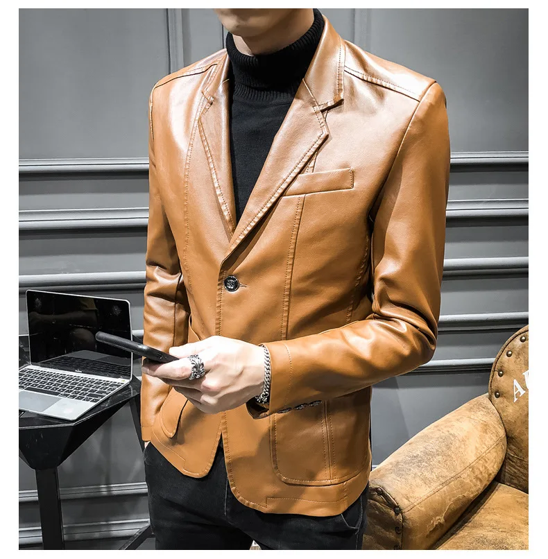 Мужчины искусственная кожа Blasers Masculino британский стиль весна осень мужчины s Slim Fit PU кожаная куртка повседневный деловой пиджак