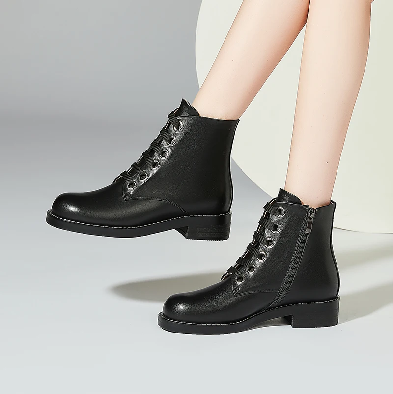 Retro Platform Genuine Leather Women's Ankle Boots Winter Newest Round Toe Med Heels Pumps Party Prom Shoes Woman