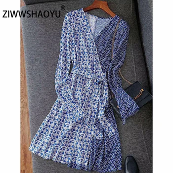 

ZIWWSHAOYU Female Fashion Spring Party Midi Dresses Women Sexy V-Neck Long Sleeve Bow Knot Printed Elegant Vintage A-Line Dress