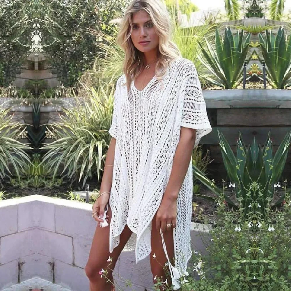 Sexy Beach Cover up White Crochet Robe de Plage Pareos for Women Swim Wear Saida de Praia, beach cover