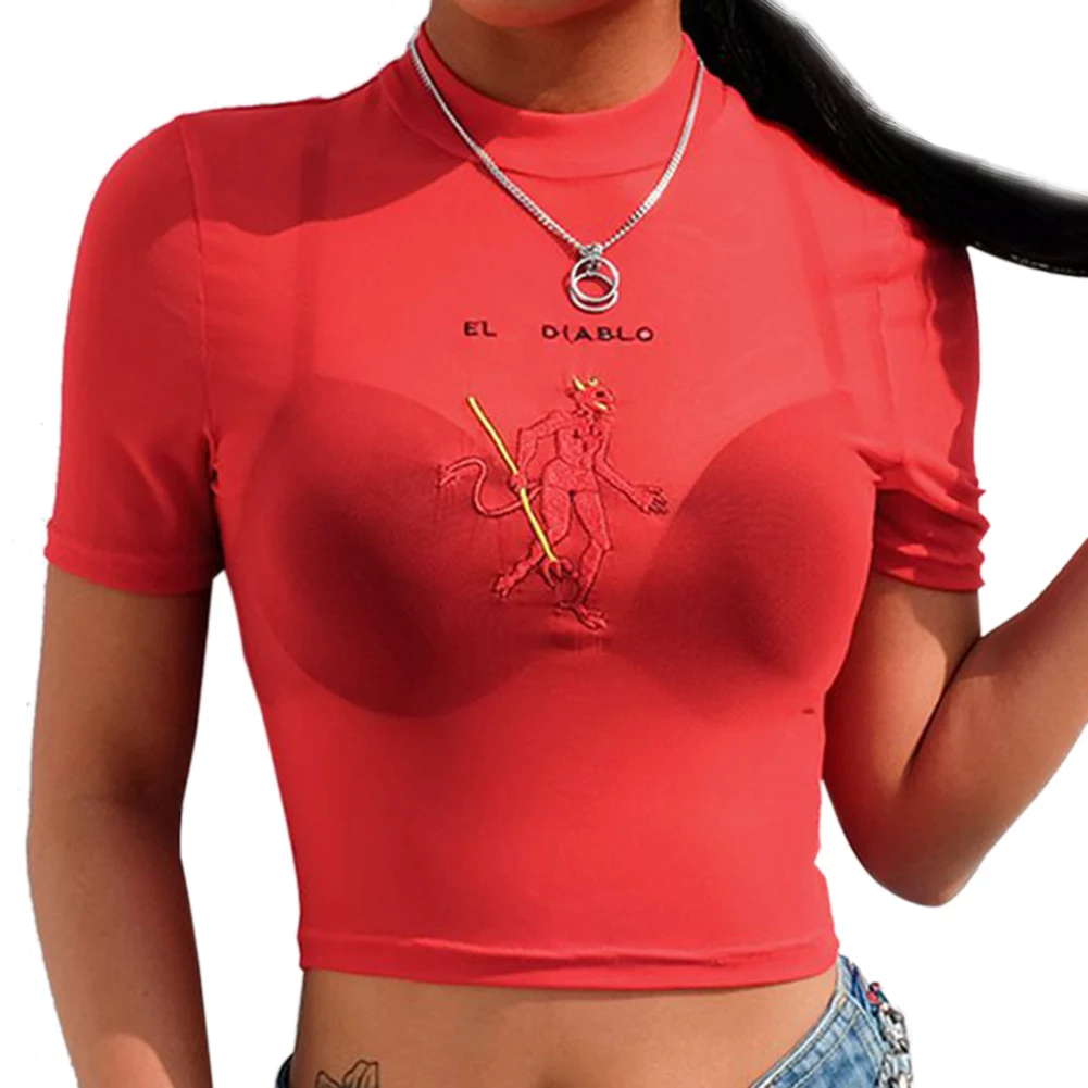 

New Summer Mesh Tops Female T-shirt Transparent Letter Embroidery Short Sleeve Streetwear Sexy Crop Tops Tees Red