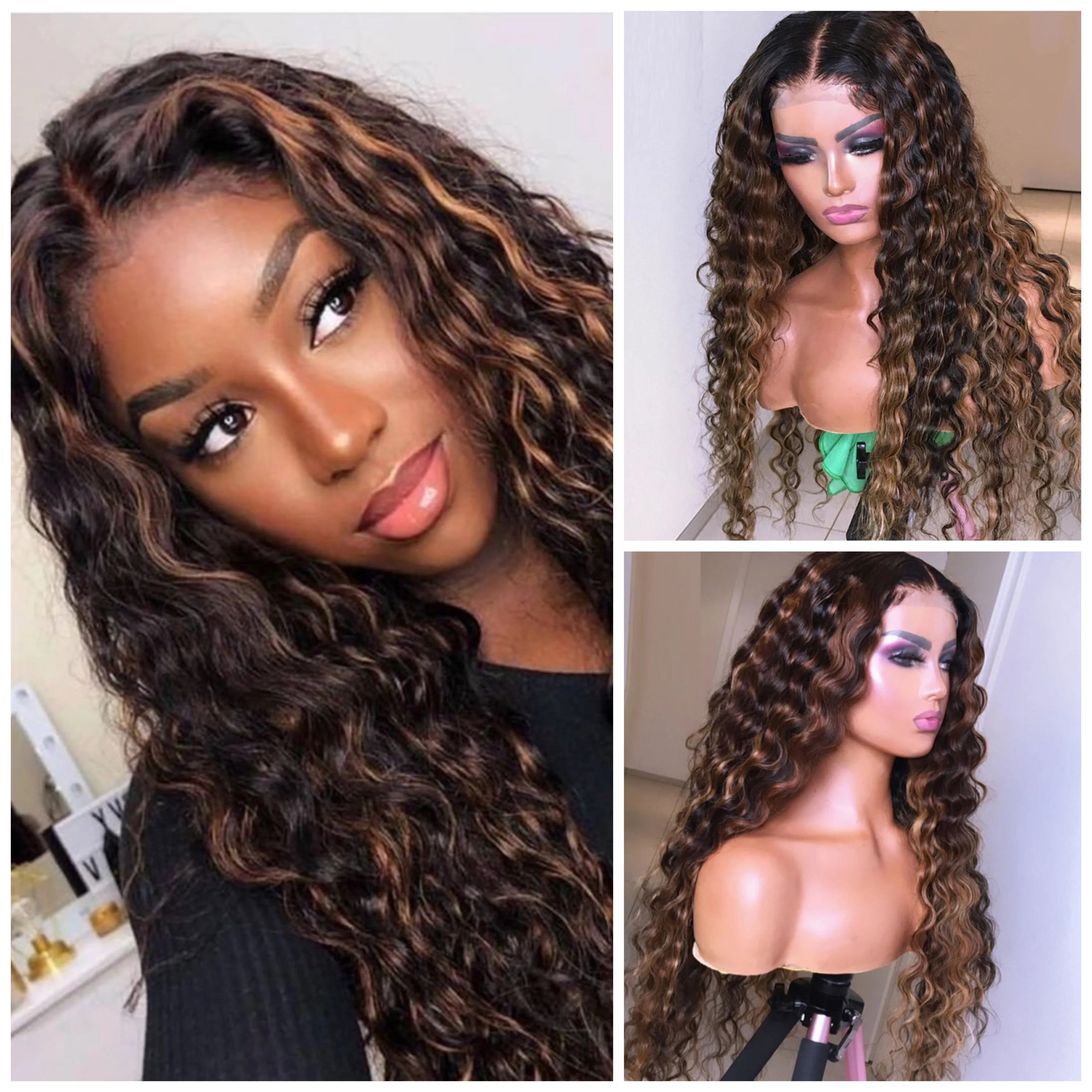  180 Density Blonde Highlight Wig HD Transparent Lace Wig Water Wave Ombre Colored 13x6 Lace Front H