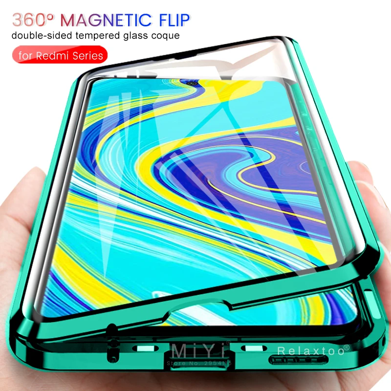 360° matel magnetic flip case covers for xiaomi redmi 9a 9c note 9s 9 pro redmy not s cases double-sided tempered glass coque | Мобильные