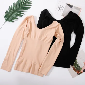 

Women Thermal Underwear Tops Autumn Winter V-neck Long-sleeved Solid Color Bottoming Tops Seamless Casual Thermal Underwear