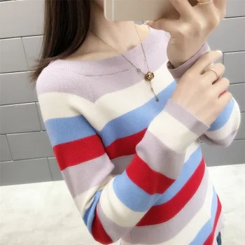 

New fashion 2020 spring round collared stripe knit women sweater
