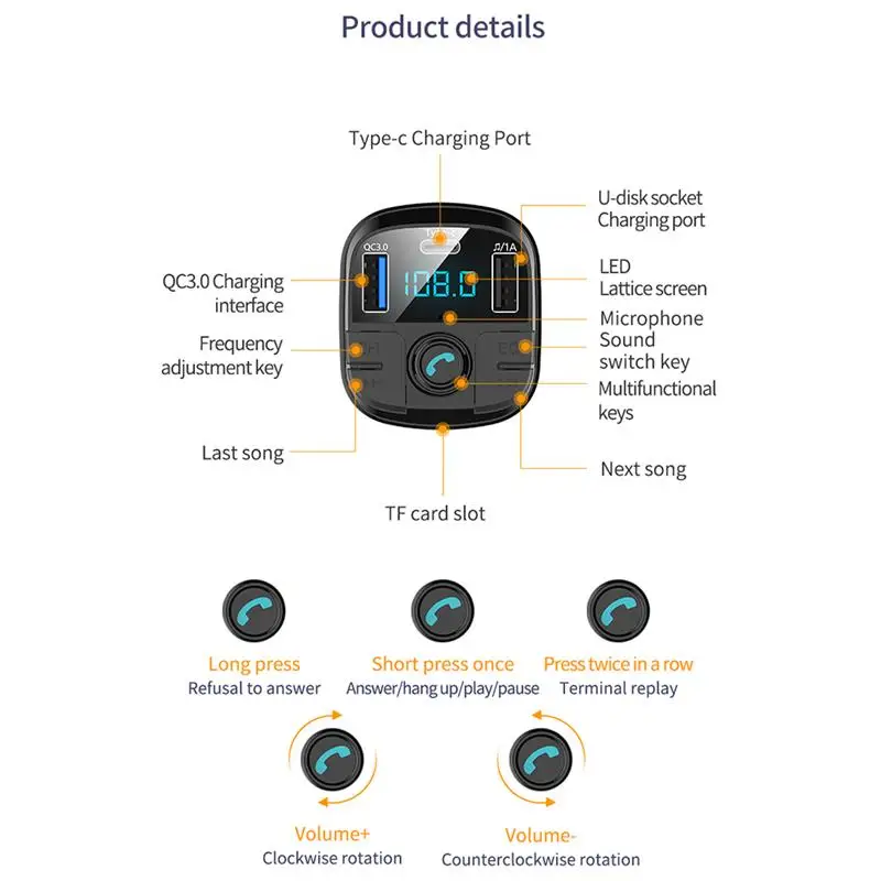 Новинка, Bluetooth 5,0, fm-передатчик, автомобильный комплект, MP3 модулятор, QC3.0, двойное USB Автомобильное зарядное устройство, светодиодный, решетчатый экран, режим эквалайзера