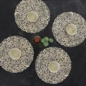 

Wood Grain Pattern PVC Placemats Round Hollow Waterproof Non Slip Table Mats Heat Insulated Pad Dinner Placemat Home Decoration