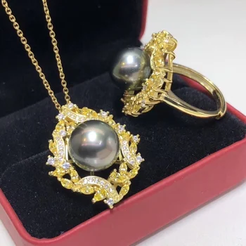 

Fine Jewelry Pure 925 Sterling Silver Natural Ocean Tahiti Black Pearl 9-10mm Female's Jewelry Sets for Women FIne Jewelry Sets