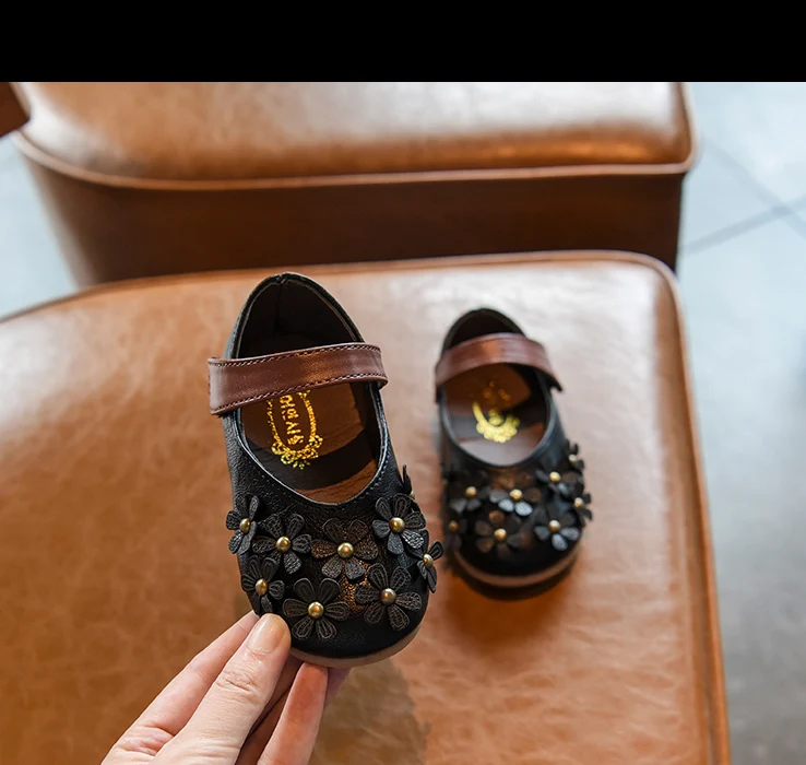 Bakkotie New Kids Black Pu Leather Shoes Baby Girls Autumn Sweet Flowers Pink Mary Jane Flats Toddler Fashion Dress Shoes