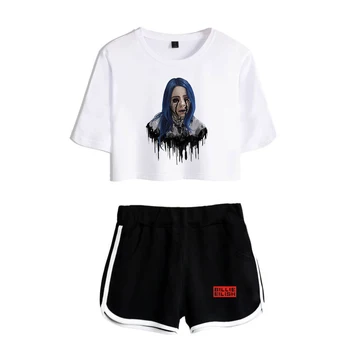 

Billie Eilish Girls Short Navel t-shirt + Black Sexy Trend Shorts Billie Eilish Women's t shirt 2019 Latest Fashion Hot Sale Set