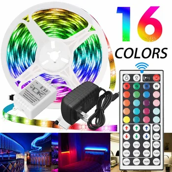 

5M 16FT RGB 5050 Waterproof LED Strip Light SMD 44 Key Remote 12V US Power Full Kit LED String Light Tape Holiday Lighting Decor