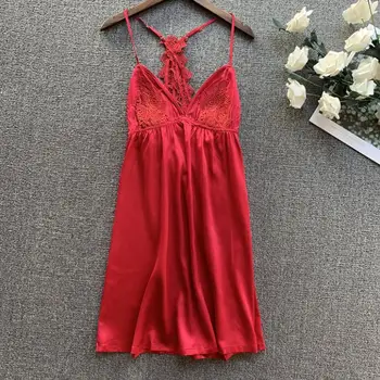 

Ice Silk Nightgown Woman Sexy Reveal Back Nightdress Spaghetti Strap V Neck Lingerie Sleeping Dress