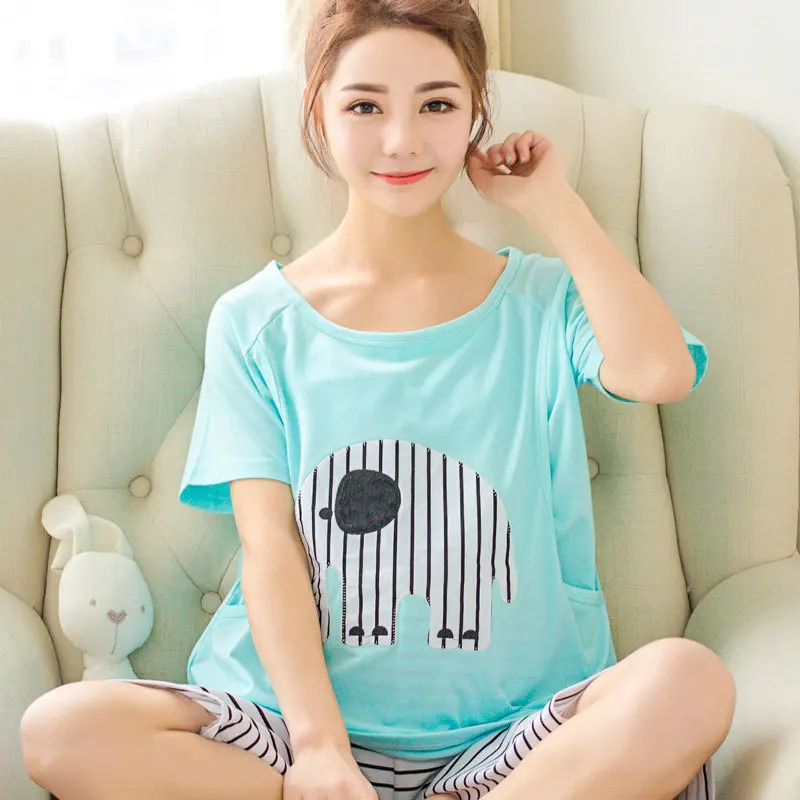 

Pregnant Women Pajamas Spring Summer Short-sleeved Confinement Clothing Pure Cotton Lactation Garment Postpartum Breastfeeding C