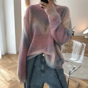 

Women Gradient Sweater Autumn Spring Rainbow Stripe Mesh Pullover Knitted Shirt Sweater Loose Oversized Long Sleeve Tops Jumper