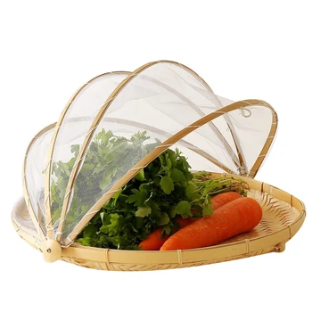 

36x36cm Handmade Bamboo Woven Bug Proof Wicker Basket Dustproof Picnic Fruit Tray Food Bread Dishes Cover with Gauze