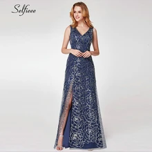 Новое модное темно-синее Sparke женское платье трапециевидной формы с v-образным вырезом, цветочными блестками, Боковым Разрезом, макси платье, сексуальное длинное вечернее платье vestidos