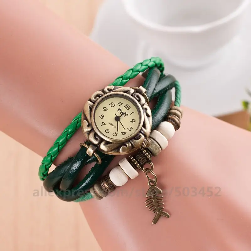 100pcs/lot Fish Skeleton Watch Vintage Unique Pendant Watch Ladies Bracelet Watch PU Leather Quartz Watch