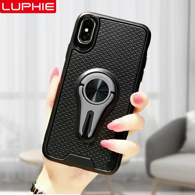 

LUPHIE Magnetic Stand Case For iPhone X XS Max XR 8 7 Shockproof matte soft Case For iPhone 6 6S 8 Plus for air vent car holder