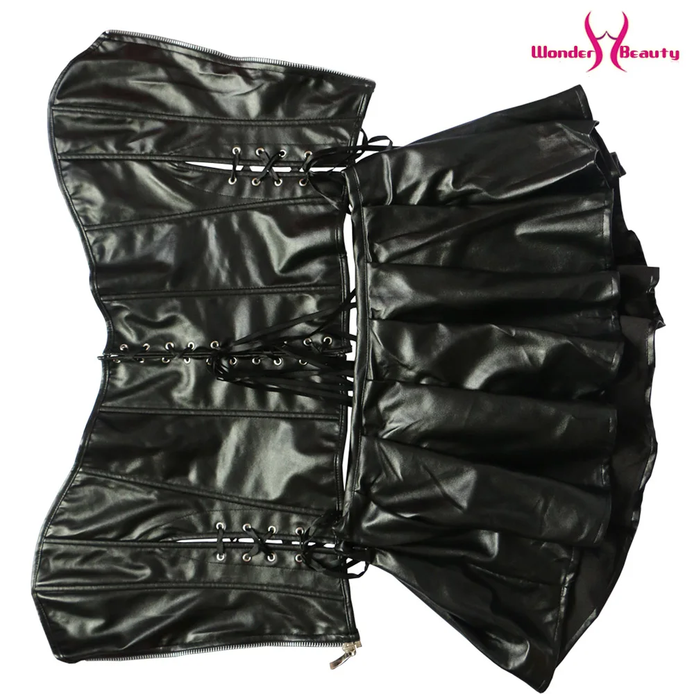 Gothic Corset Dress Faux Leather Burlesque Front Zipper Top Overbust Bustier Mini Skirt Sexy Steampunk Corset Dress Plus Size (12)