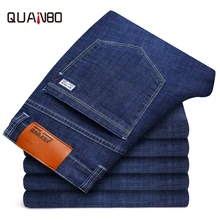QUANBO, большие размеры 44, 46, мужские джинсы, новинка, осень, весна, эластичные, облегающие, прямые, классические джинсы, деловые, повседневные, джинсовые брюки