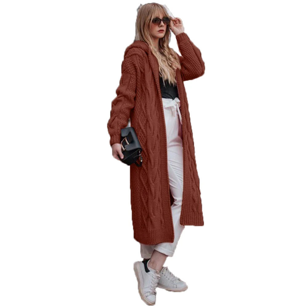 Женская длинная куртка свитер пальто уличная кардиганы с капюшоном однотонный вязаный свитер непродуваемая Осенняя модная Свободная верхняя одежда