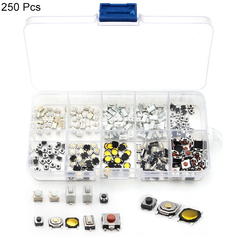 10 models 250pcs Набор тактильных кнопочных переключателей, 10 моделей, 250 шт, микро Мгновенный Переключатель, автомобильный пульт дистанционного управления, кнопочные переключатели, набор в ассортименте - Цвет: 10 models 250pcs