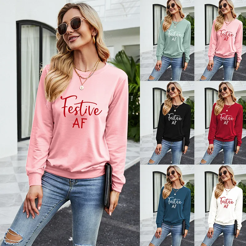 

Женская футболка с длинным рукавом, Рождественский топ с буквенным принтом, пуловер с круглым вырезом, свободная повседневная женская блузка