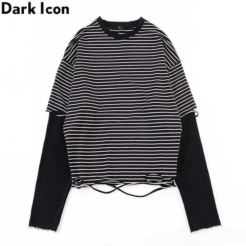 

Dark Icon Striped Patchwork Men's Sweatshirt Unlock Hemline Ripped Sweatshirts Hip Hop Sweatshirt Men