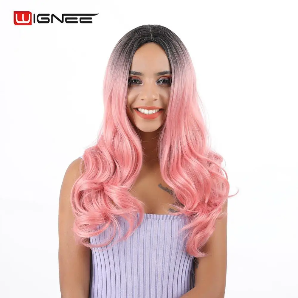 

Wignee Long Wavy Synthetic Wig For Women Middle Part Ombre Black Pink High Density Temperature Cosplay Fake Hair Scalp Wigs