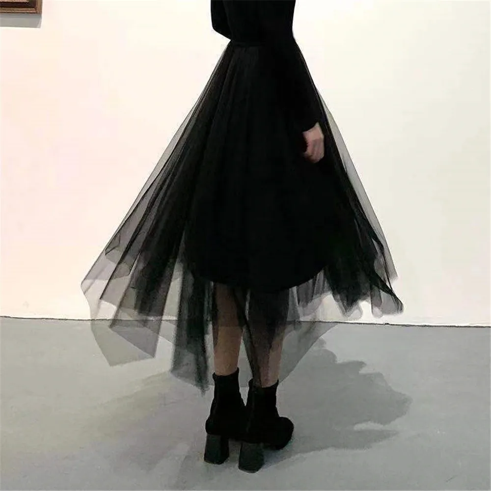 Vintage Punk Gothic Grauer Tüll Langer Unregelmäßiger Plissierter Rock Damen Elastische Hohe Taille A-Linie Mesh Midi-Röcke Streetwear – Detail 18