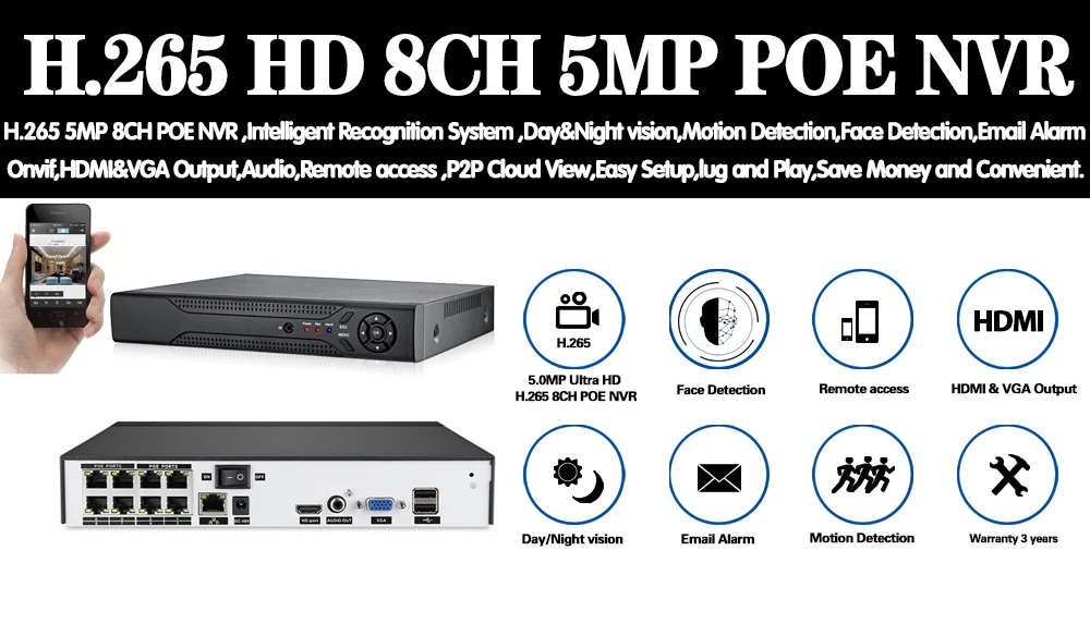 HCVAHDN распознавание лица H.265 5MP 4CH 8CH 48 В POE NVR Аудио видеонаблюдения безопасности видео рекордер для POE IP камера